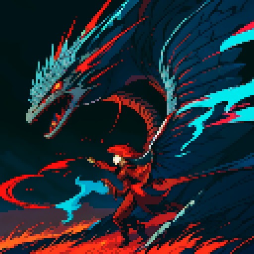 red dragon, fiery scales, sharp claws, fierce expression, towering presence, detailed pixel art, vibrant colors, textured scales, intricate patterns, glowing eyes, majestic wings, powerful tail, smoke billowing from nostrils