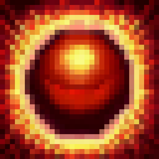Fiery explosion engulfs the battlefield, scorching the earth and painting the sky crimson and orange in a 32x32 pixelated art style.