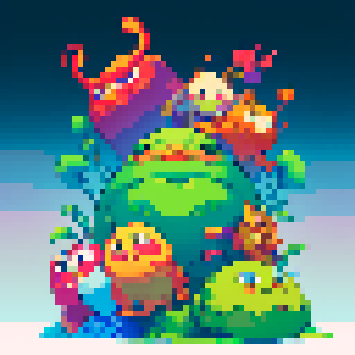 blob-like character, resembling a mitochondria, in vibrant sRGB colors, crafted using pixel art