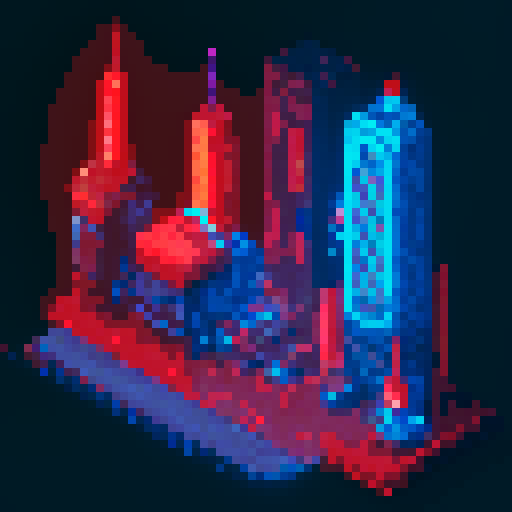 A red and blue cyberpunk city