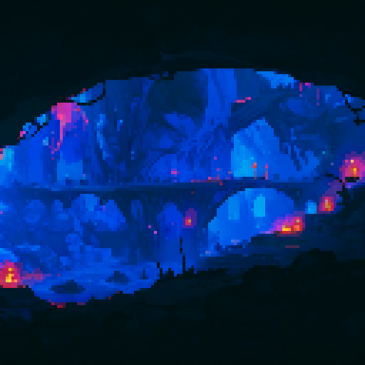 cave entrance, underwater city, vibrant colors, shimmering water, detailed pixel art, sRGB