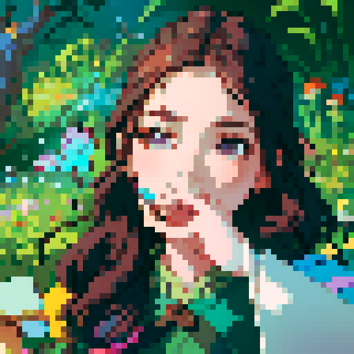 woman with flowing, vibrant hair adorned with flowers, holding a paintbrush and palette, surrounded by a whimsical garden filled with pixel art butterflies and glowing mushrooms