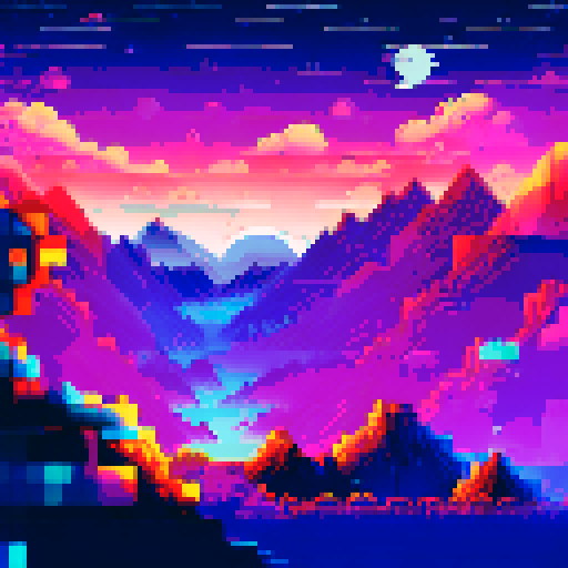 pitch black sky, twinkling stars, vast expanse, silhouetted mountains, moonlit glow, serene atmosphere, pixelated art style, sRGB color palette, detailed background, immersive landscape