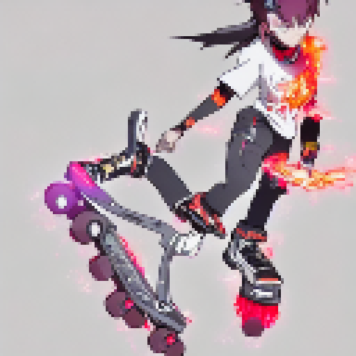 Fiery red and orange flames engulf a sleek, black roller blade skate in a dynamic and action-packed anime-style scene.