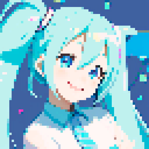 Hatsune Miku, square pfp, 64x64, smiling, pixel art, sRGB, vibrant hair, sparkling eyes, cute outfit, dynamic pose, glowing microphone