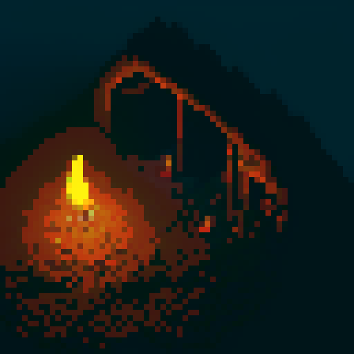 campfire surrounded by flickering shadows, torches illuminating a dimly lit dungeon, stone walls adorned with intricate pixel art, a cozy resting place amidst the eerie atmosphere