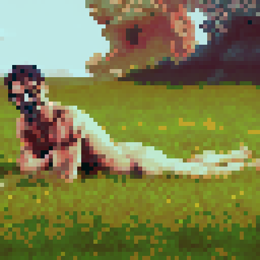 crazy, naked, long-haired man, sRGB, pixel art, grass field, front, background, landscape
