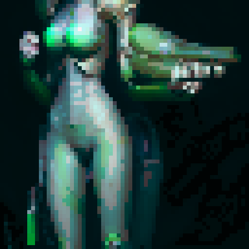samus-aran type female character with anime eyes, no helmet, arm weapon like samus, medium sexy butt and boobs, standing facing right idle, fantasy RPG
