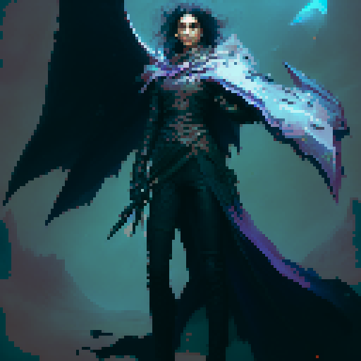 Final Boss, with demon wing, angel wing, wielding a long sword, flowing long black hair, wearing boots and a leather outfit, exuding an evil aura, in a fantasy RPG style