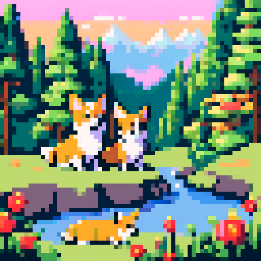 So many pixel art corgis, vibrant sRGB colors, a background filled with a picturesque landscape