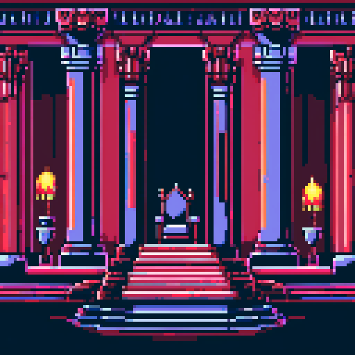 royal chamber, pixel art, kingdom, throne, columns, light on throne