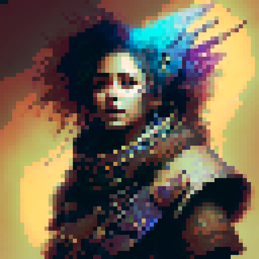 tribal warrior, savanna, spear, fantasy RPG, fierce expression, intricate tattoos, flowing mane, ornate armor, vibrant feathers, mystical aura, dramatic lighting