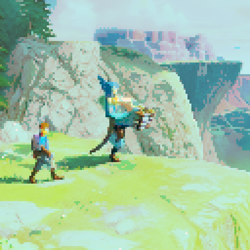 Blue bird man on cliff, human nearby, holing accordion