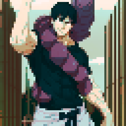 anime male, with vibrant black spiky hair, standing tall in a pixelated world, surrounded by fantastical creature on body in vivid pixel art style