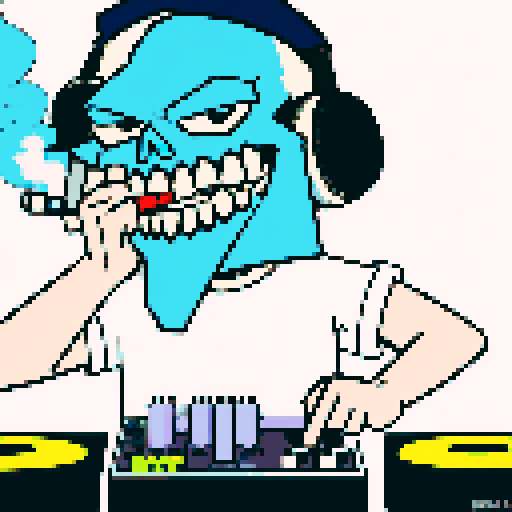 A blue skull dj smoking weed