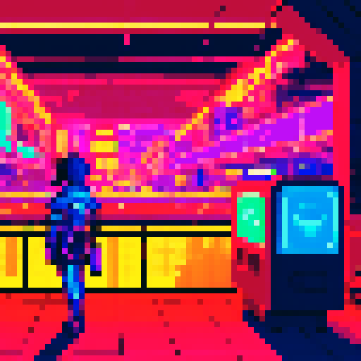 Side-scrolling, cyberpunk, interior, neon-lit, bustling market, with futuristic vendors, towering holographic billboards, hovering drones, and pixelated characters