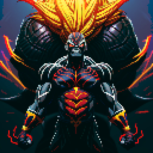 African American Dragon Ball Z Marvel Venom character, obsidian skin, muscular agility, urban cosmic fashion, glowing determined eyes, venom-like patterns, red and black veins, futuristic armor, energy gloves, fierce protector, noble anti-hero, symbiotic cosmic journey, interstellar guardian, pixel art, sRGB