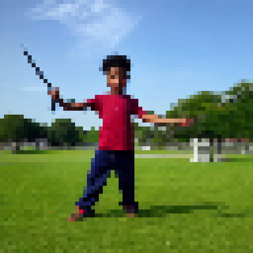 a boy with a sword in his hand in the park 
