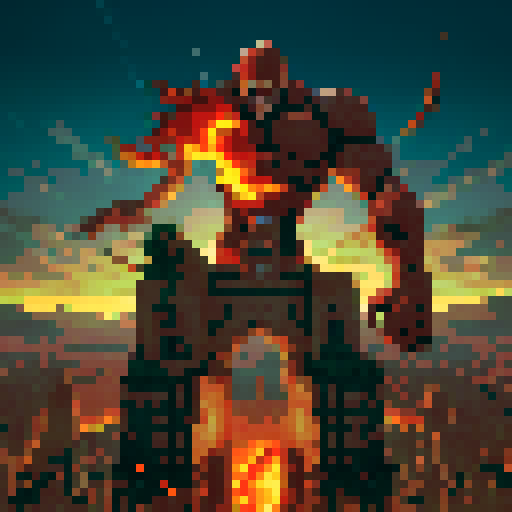 Attack on Titan, colossal titan, epic battle, crumbling walls, intense action, fiery explosions, towering titans, brave soldiers, dramatic poses, dynamic pixel art, vibrant colors, high contrast, intricate details, dramatic lighting, fast-paced movement, adrenaline-fueled scenes, epic scale, dystopian cityscape, steampunk aesthetic