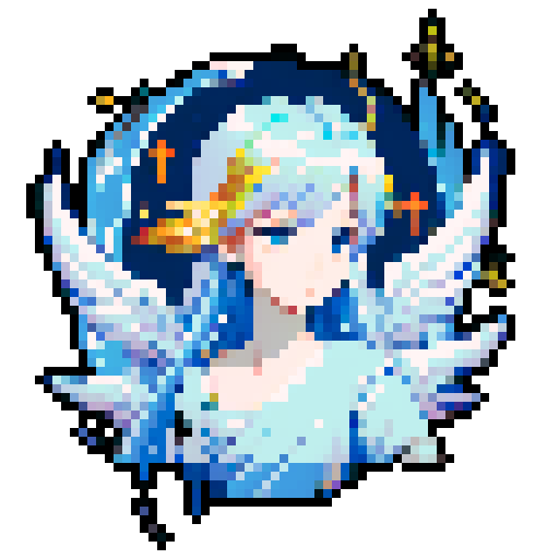 Beautiful ethereal angel with chrome wings, flowing hair, and a serene expression,  rendered in pixel art with crisp, defined lines and a vibrant sRGB color palette