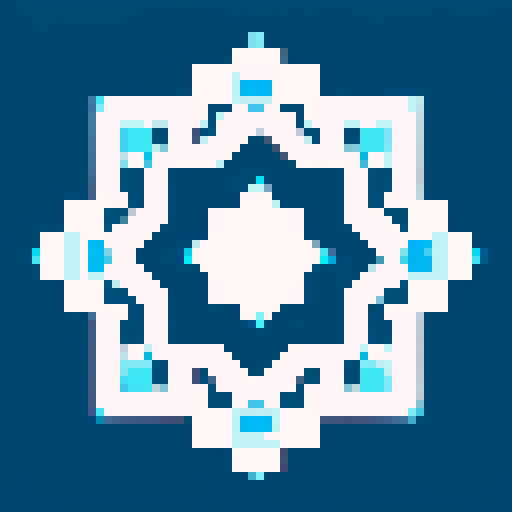 ice magic, clean icon, minimalistic design, cold and icy essence, very dark blue, white, snowflakes, icicles, frost, easily recognizable, visually appealing, pixel art, sRGB