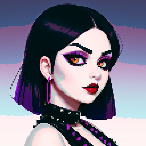 curvy, busty goth girls face, whole head portrait, black hair, purple eyeshadow, red lipstick, low black studded leather halter top, studded collar, vibrant srgb colors, edgy aesthetic. 16 bit anime style