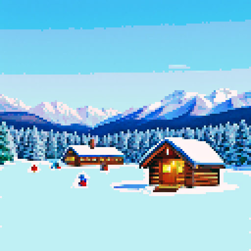 snowy mountain range ski town with a tiny lodge, igloo, campsite, cold, pixel art, sRGB, christmas themed