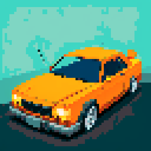 crashed orange sedan, shattered windshield, twisted metal, skid marks, vibrant colors, low-resolution, blocky pixels, retro video game style, glowing headlights, 16-bit art, simplified shapes, saturated hues
