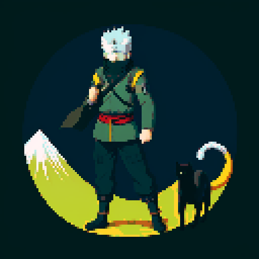 Hatake Kakashi with a black cat with yellow eyes on his shoulders in the himalayas