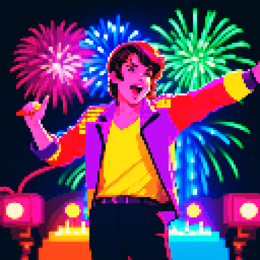 Solo male vocalist, vibrant retro outfit, passionate singing, neon lights glow, enraptured massive crowd, raised hands, pixelated fireworks burst, vivid sRGB color palette