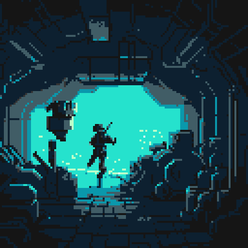 underwater scene with faceless diver looking towards camera holding a harpoon gun, ambient feel with slight sci fi and metroidvania elements