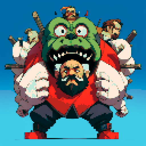 full-body image of mad scientist, fat, mustache, giant robot