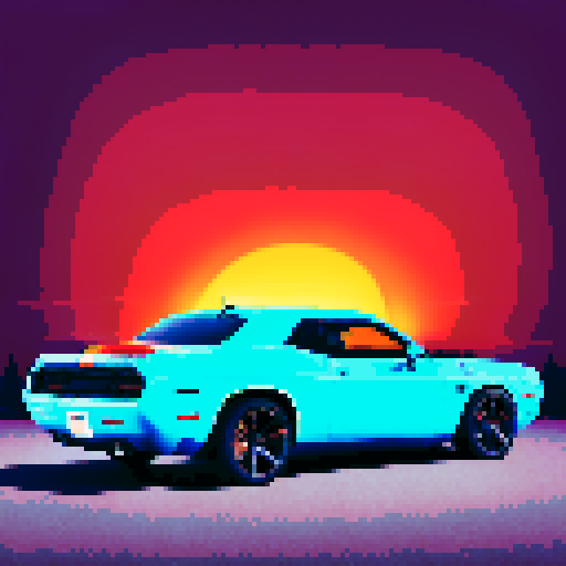 Photorealistic, centered Dodge Challenger in a three quarter view, right wheel in front, clean background, pixel art style with sRGB colors
