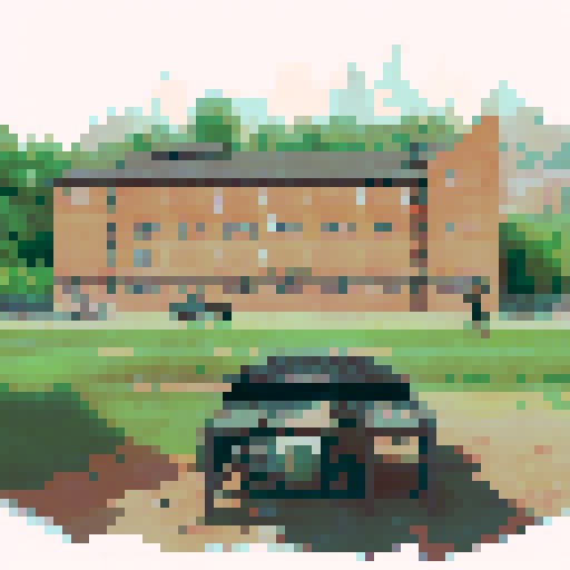 "Rustic military barracks with towering brick walls and a weathered metal roof, surrounded by lush greenery and a dusty training field, rendered in a gritty, hand-drawn style."