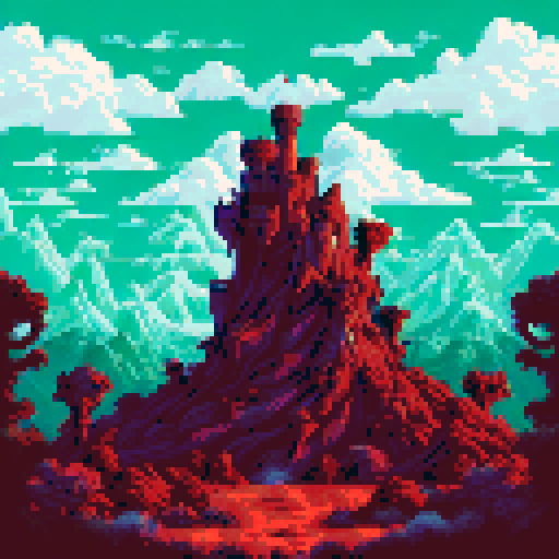 evil medival fantasy landscape, dead trees on floor, wasteland, jagged rocks, evil tower in background, sRGB, pixel art, background, landscape
