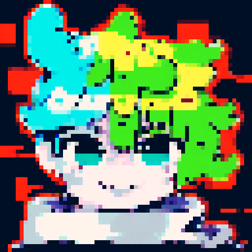 Curly-haired, freckled troublemaker with a sly grin, staring straight ahead with bright green eyes, in a retro video game style, 16x16 pixels, close up portrait