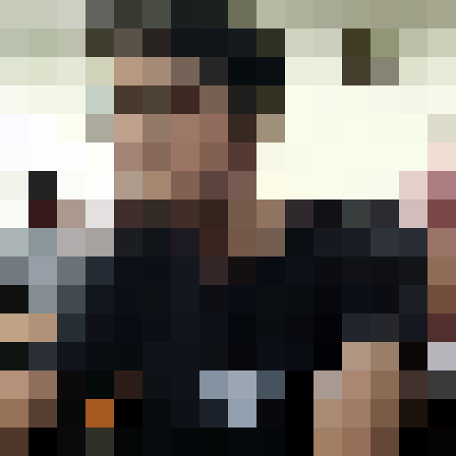 Charming boy in a striped shirt, captivating the viewer with his big brown eyes in a close-up pixel art portrait for a 16x16 game icon.