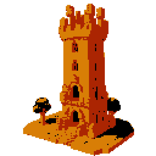 2d Red clay tower in an ancient english style. Old and crumbling but still upright. Usable as an asset (clear, thick lines and a white background). Put a black stroke around the composition