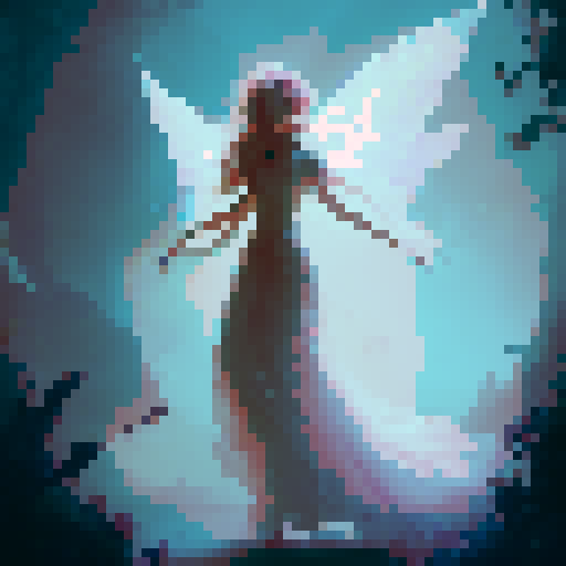 fairy girl with delicate wings, flowing hair, holding a glowing wand, surrounded by enchanted forest, casting a spell in a magical, ethereal, fantasy RPG art style