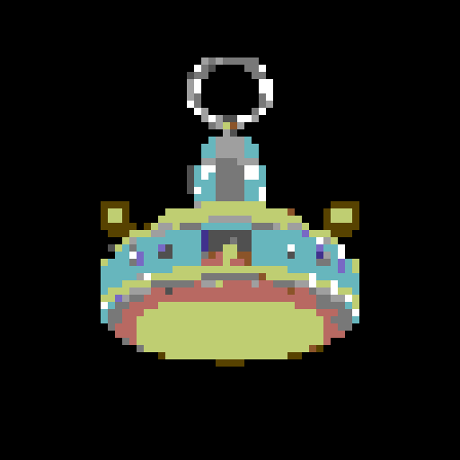 wide, silver flying saucer, with small yellow glowing lights, viewed from below at an angle