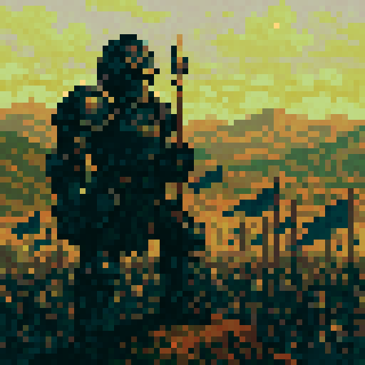 Fire Emblem male soldier, dark armor, covered helmet, standing above army, top hill, sRGB, pixel art