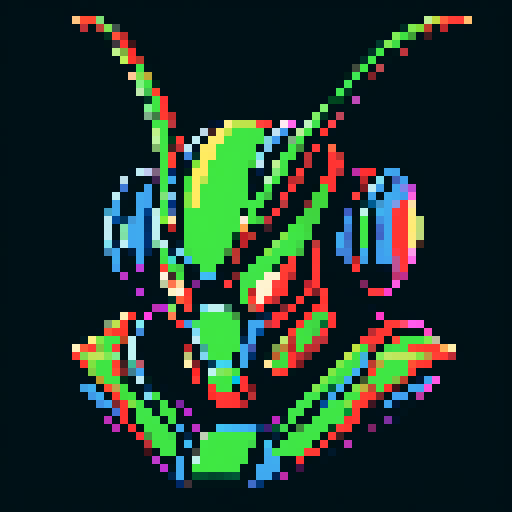 praying mantis helmet, retro 8-bit, intricate detailing, sharp angles, pixel art, pallet ARNE 32