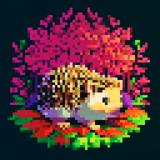 realistic hedgehog, purple forest, vibrant colors, pixelated leaves, sharp quills, dappled sunlight, intricate details, low resolution, retro aesthetic, jagged edges, limited color palette