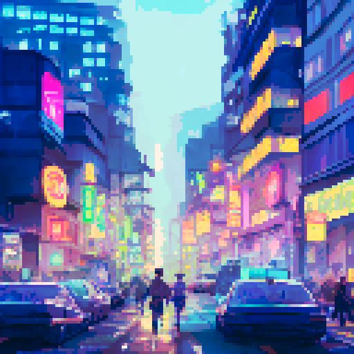 Busy streets filled with vibrant, neon-lit skyscrapers, bustling crowds of people in stylish attire, and elegant architectural landmarks, all captured in a sweeping landscape portrait