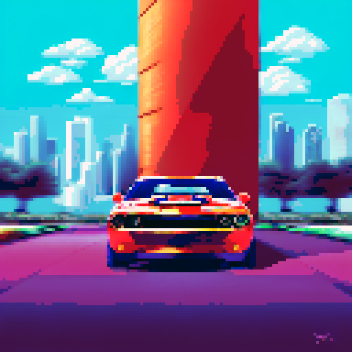 Photorealistic, centered Dodge Challenger in a three quarter view, right wheel in front, clean background, pixel art style with sRGB colors
