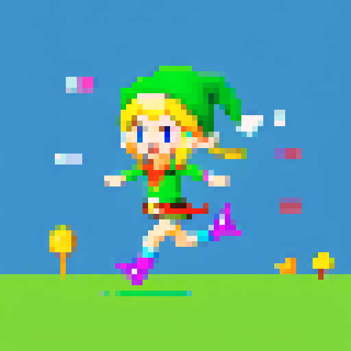A cute elf running with colorful and mystical clothing