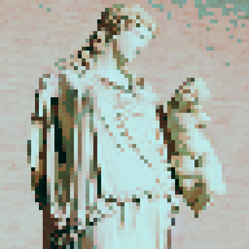 plutus sculpture, vibrant colors, geometric shapes, isometric view, low resolution, retro aesthetic