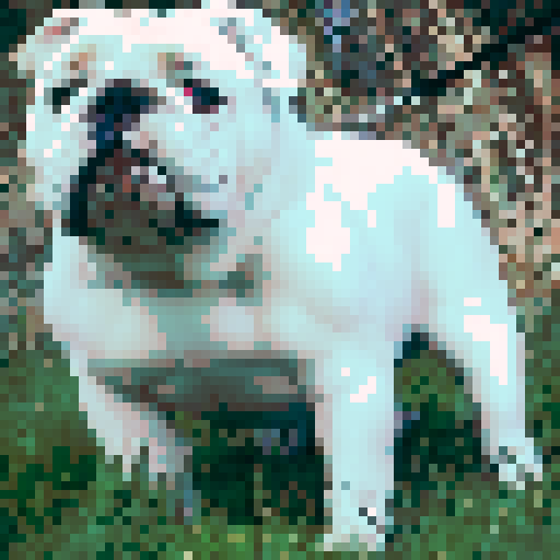 prestigious all white English bulldog, pixel art, sRGB, confident stance, detailed wrinkles, expressive eyes, elegant posture, subtle shading, vibrant colors, clean lines