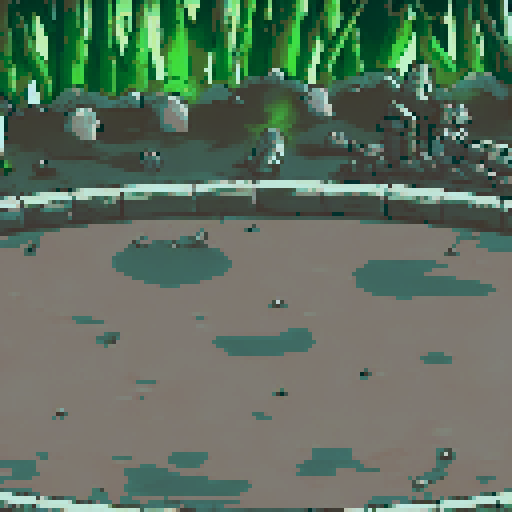 Haunted graveyard with a circular stone arena scattered with bones and rocks. Surrounding the arena are tilted tombstones, broken stone structures, and eerie green light emanating from a dense, dark forest in the background. The scene is dominated by muted grays and greens, evoking a chilling and ominous atmosphere.