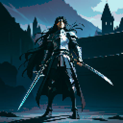 full-body image, male knight, man in black armor, giant sword, long black hair, sexy, male dark knight, giant sword, huge long sword, long hair